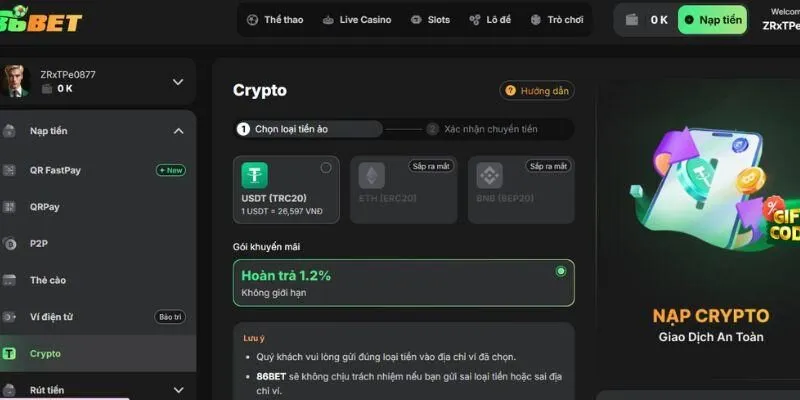 Bí quyết nạp tiền 86BET chi tiết
